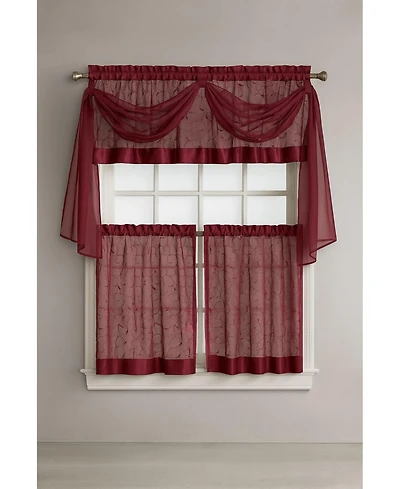 Kate Aurora Living Complete 4 Piece Linen Leaf Embroidered Kitchen Curtain Set - 58 in. W x 36 L, Gold
