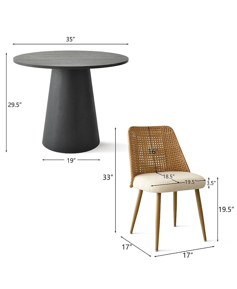 Maison Boucle 5 Piece 35 Inch Round Dining Set with Pedestal Table and 4 Upholstered Rattan Chairs Elegant Space Saving for Small Rooms-Maison