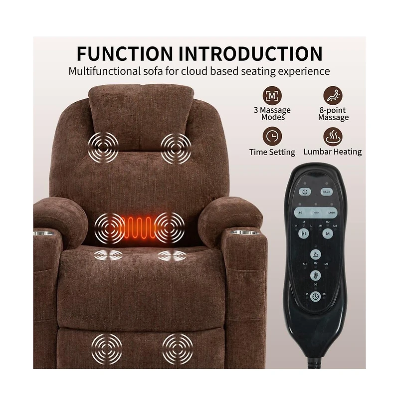 Lift Recliner Chair with Massage, Heat & Usb Charging, Chenille Upholstery, Cup Holders, 350 Lbs Support-Maison Boucle