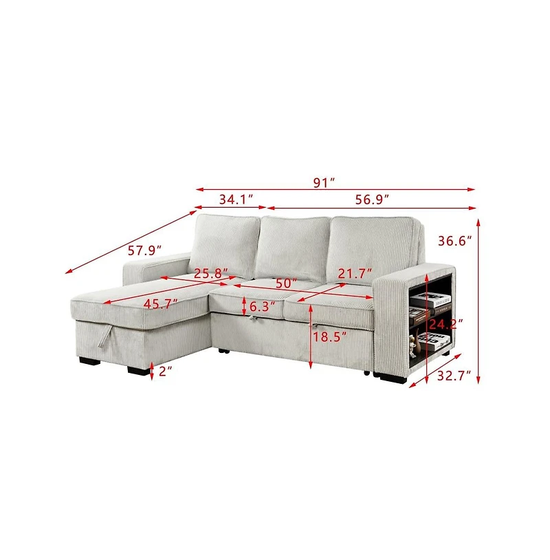 Modern Pull-Out Sofa Bed with Storage Chaise, Usb Charging & Bookshelf Arm, Sleeper Sectional Couch for Small Spaces-Maison Boucle
