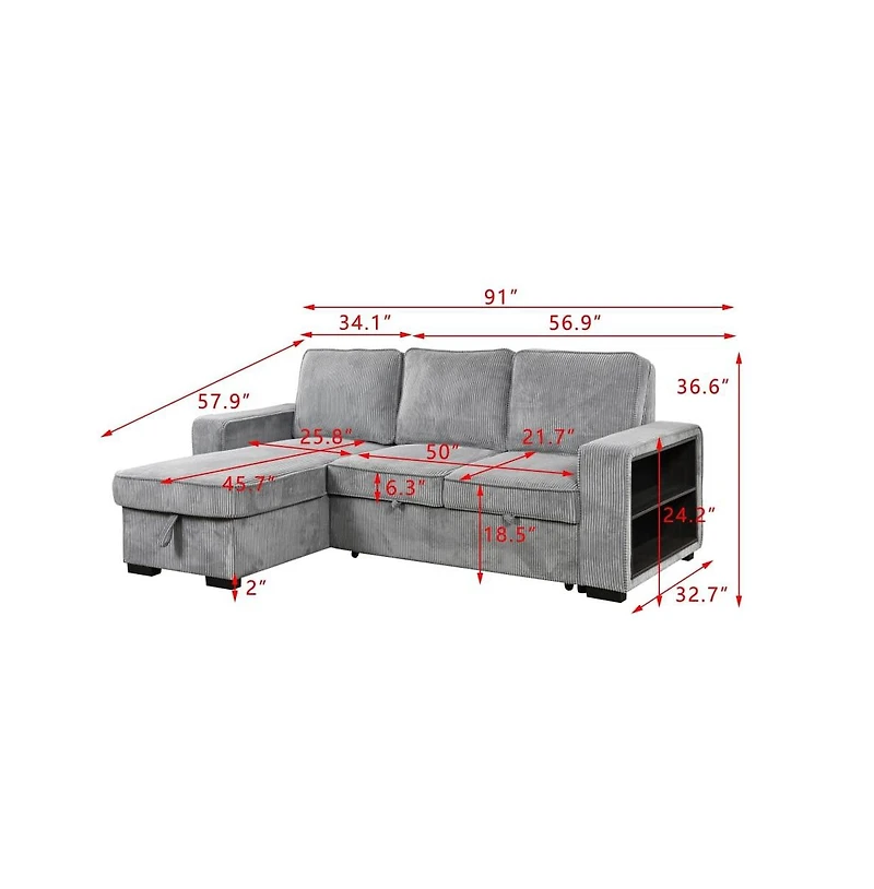 Modern Pull-Out Sofa Bed with Storage Chaise, Usb Charging & Bookshelf Arm, Sleeper Sectional Couch for Small Spaces-Maison Boucle