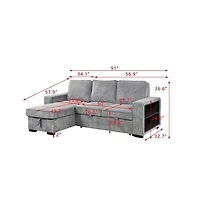 Modern Pull-Out Sofa Bed with Storage Chaise, Usb Charging & Bookshelf Arm, Sleeper Sectional Couch for Small Spaces-Maison Boucle