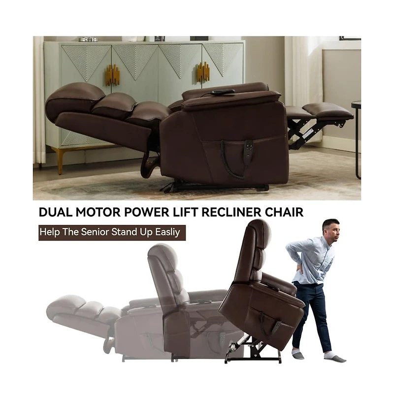 Maison Boucle Dark Brown Faux Leather Power Lift Chair with Heat, Massage & Dual Motor, Heavy Duty Recliner for Elderly with Remote-Maison Boucle