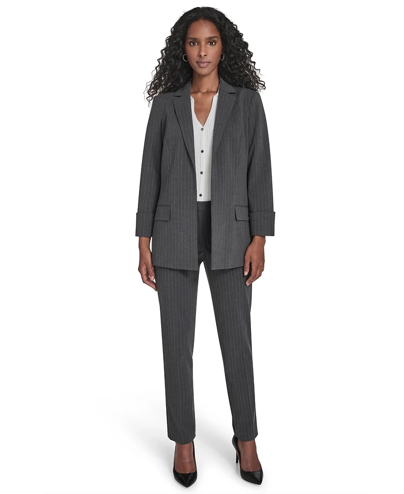 Calvin Klein Petite Pinstripe Pattern Rollback Cuff Open Front Jacket