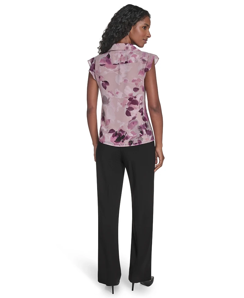 Calvin Klein Petite Printed Short Sleeve Ruffle Front Blouse