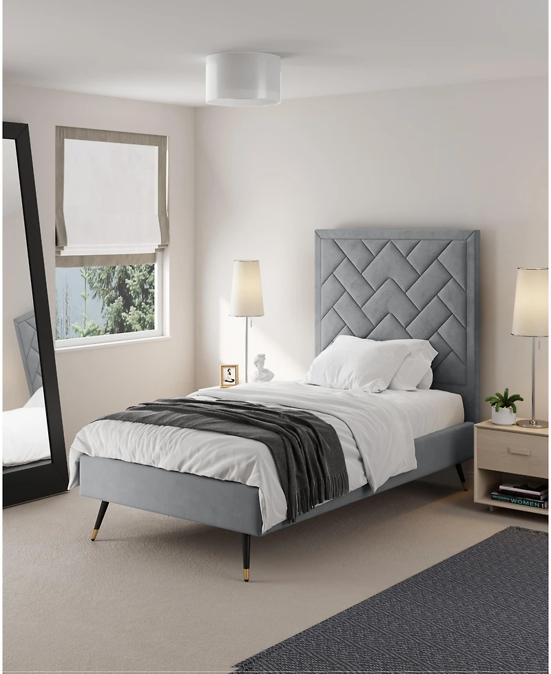 Manhattan Comfort Crosby Modern Twin-Size Velvet Upholstered Bedframe and Headboard
