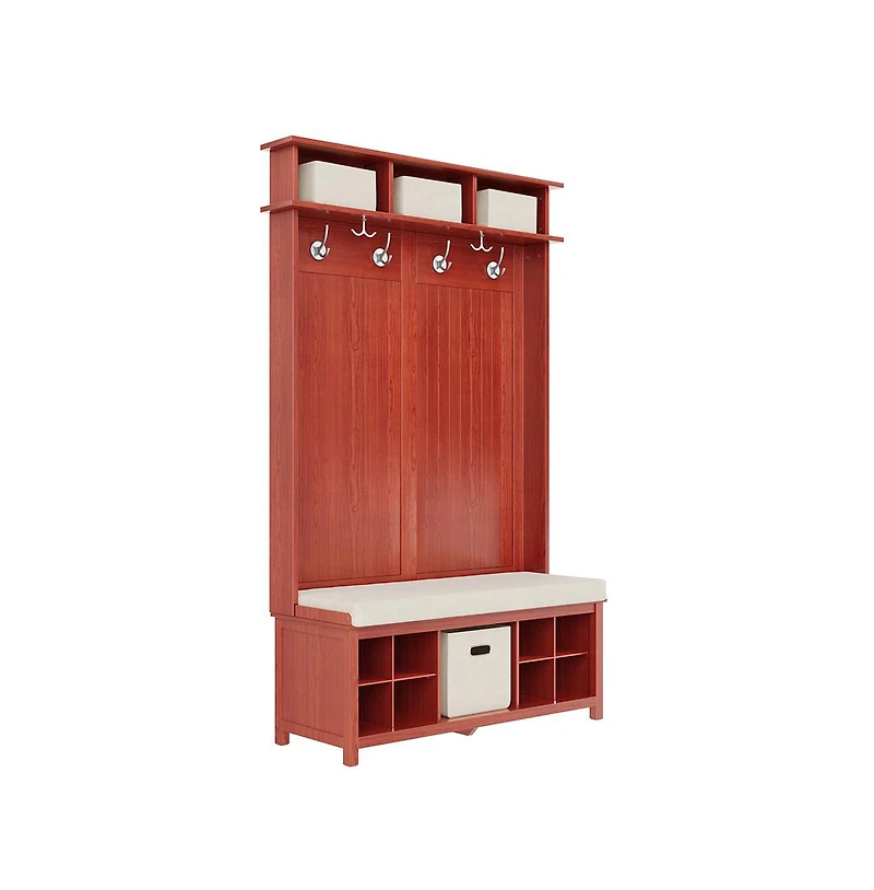 Solid Wood White Hall Tree 8 Pair Shoe Storage Bench 4 Bins and 6 Hooks