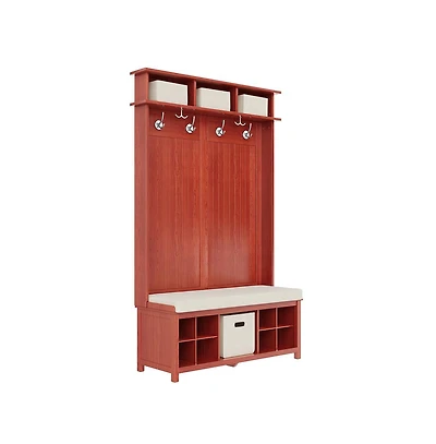 Solid Wood White Hall Tree 8 Pair Shoe Storage Bench 4 Bins and 6 Hooks