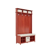 Solid Wood White Hall Tree 8 Pair Shoe Storage Bench 4 Bins and 6 Hooks