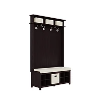 Solid Wood White Hall Tree 8 Pair Shoe Storage Bench 4 Bins and 6 Hooks