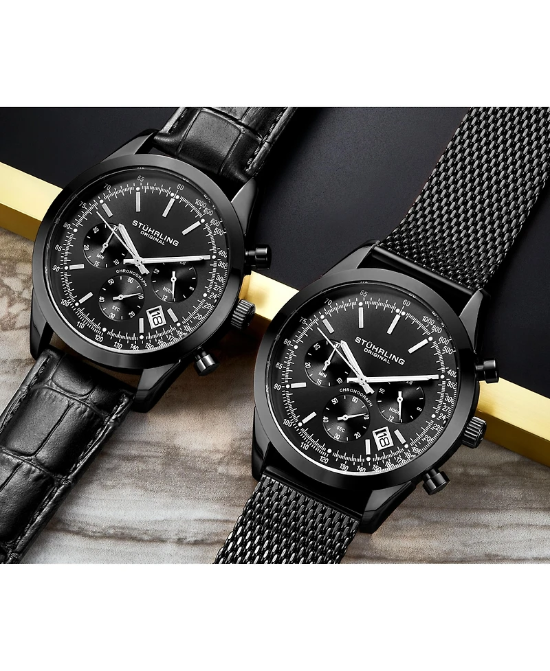 Stuhrling Men's Monaco Black Leather, Black Dial, 44mm Round Watch
