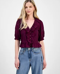 And Now This Petite Ruffled-Front Clip-Dot Cotton Top