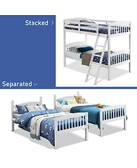 Gymax Wood Hardwood Twin Bunk Beds Convertible into 2 Individual Kid Bed Ladder