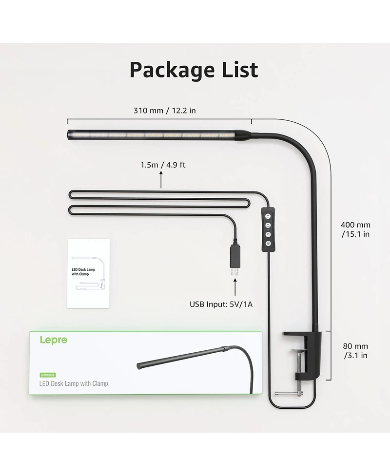 Lepro Clip-on Led Desk Lamp, Dimmable Usb-Powered with 3 Color Modes 10 Brightness, 360°Adjustable Gooseneck
