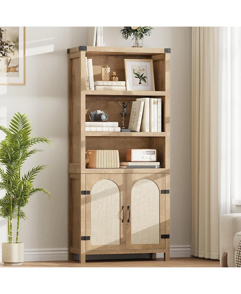 Farmhouse Bookshelves with Rattan Doors, 70" Tall Cutlery Shelves with Three Tiers of Open Storage, Floor Standing Display Shelves, Bookcases for Home