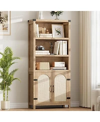 Farmhouse Bookshelves with Rattan Doors, 70" Tall Cutlery Shelves with Three Tiers of Open Storage, Floor Standing Display Shelves, Bookcases for Home