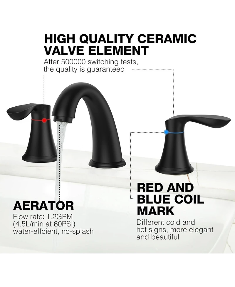 gaomon Bathroom Faucet, 8 Inch Bathroom Faucets for Sink 3 Hole, Widespread Matte Black Bathroom Faucet with Pop up Drain and cUPC Lead-Free Hose (Mat