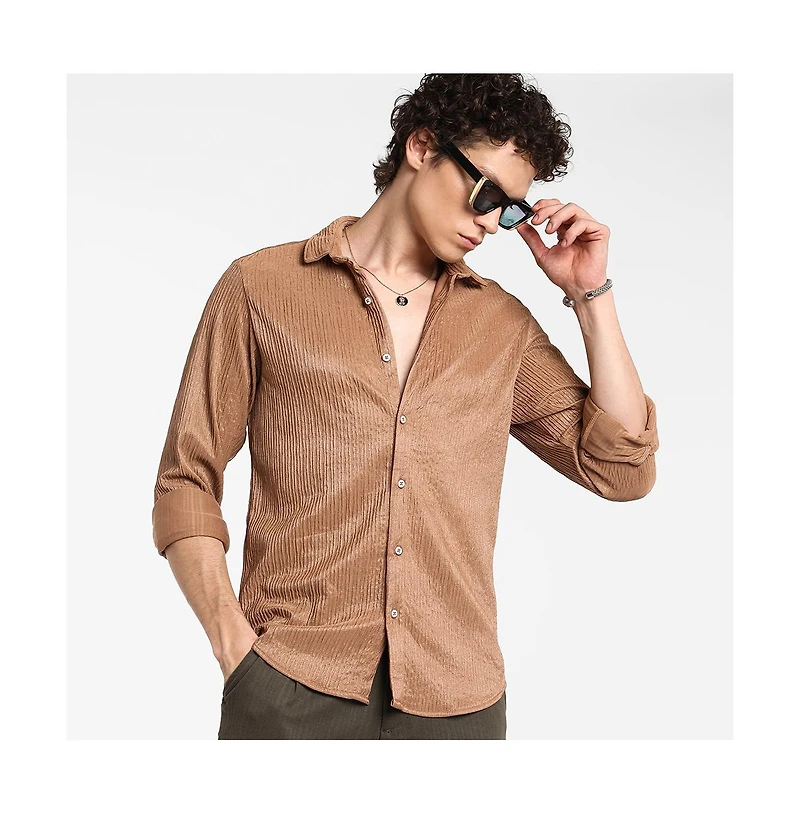 Campus Sutra Men's Camel Beige Solid Creased Shirt