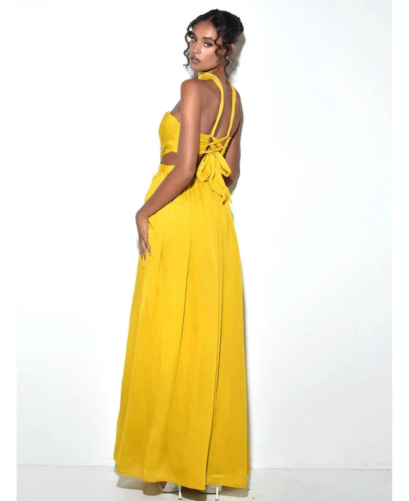 Miss Circle Women Xella Yellow Pleated Chiffon Maxi Dress