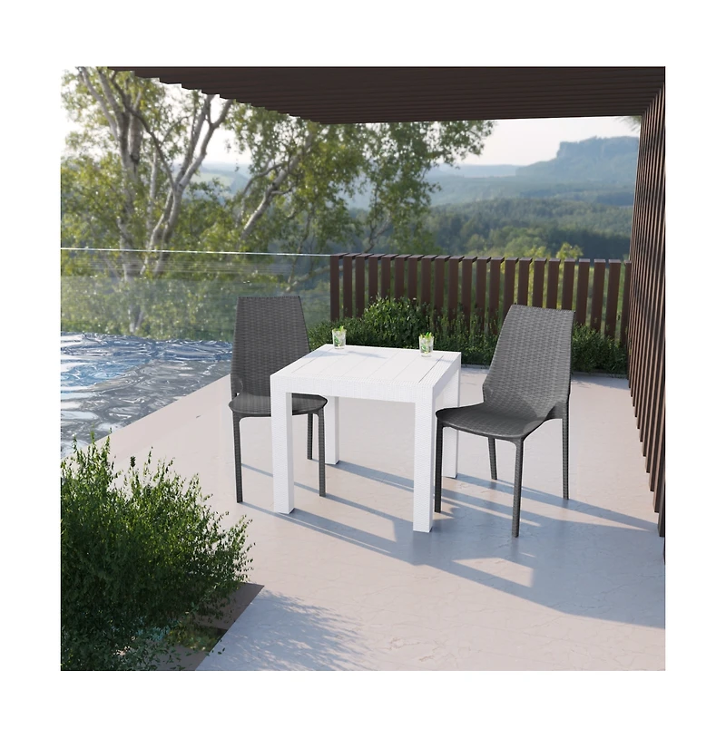 LeisureMod Kent Outdoor White Table With 2 Grey Chairs Dining Set