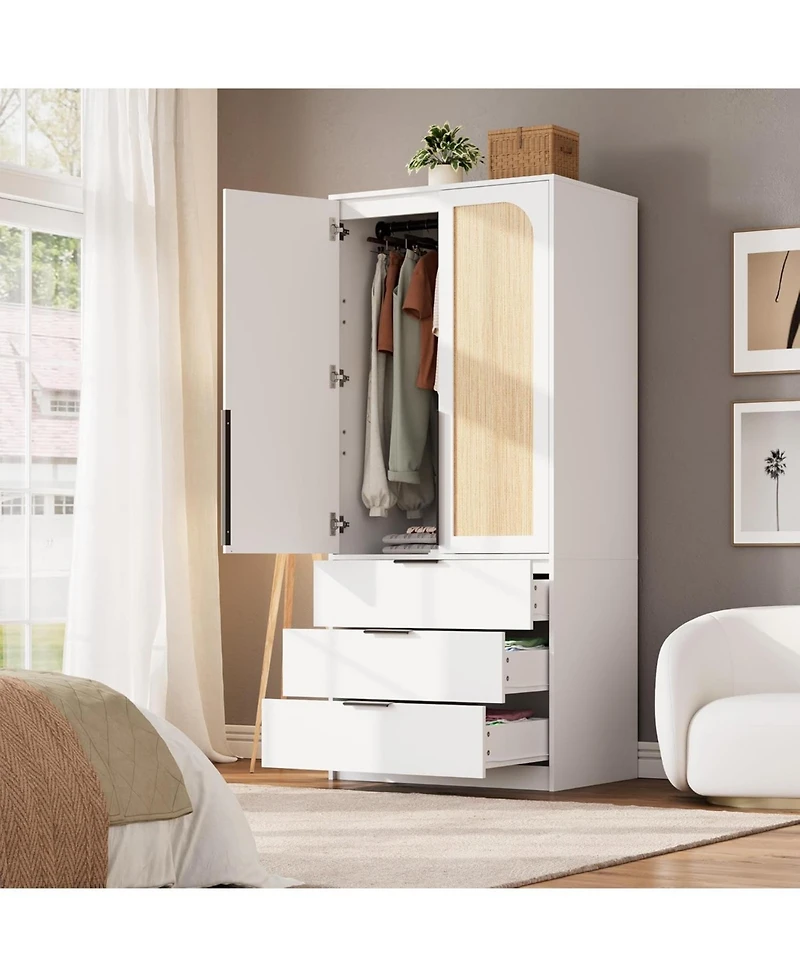 Armoire Wardrobe Closet, 69.5" Wooden Wardrobe Cabinet with 3 Drawers, Hanging Rod, 2 Doors Clothing Storage Cabinet for Bedroom, Large Capacity Stora