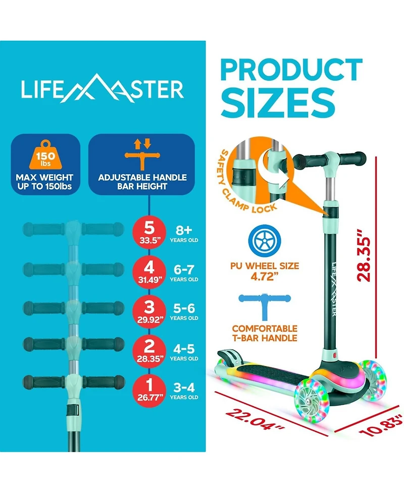 Lifemaster 3-Wheel Kids Scooter with Multi-Color Lights on Deck & Wheels – 5-Height Adjustable Handlebar, Wide Anti-Slip Deck, Child Safety Cer