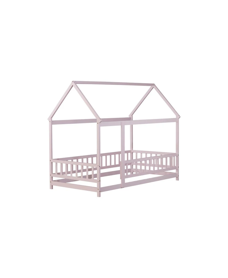 Streamdale Furniture Twin Size House Floor Wooden Bed with Roof Frame Safety Guardrails Pink