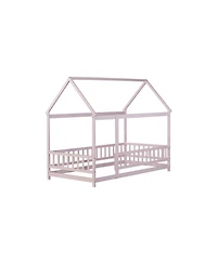 Streamdale Furniture Twin Size House Floor Wooden Bed with Roof Frame Safety Guardrails Pink