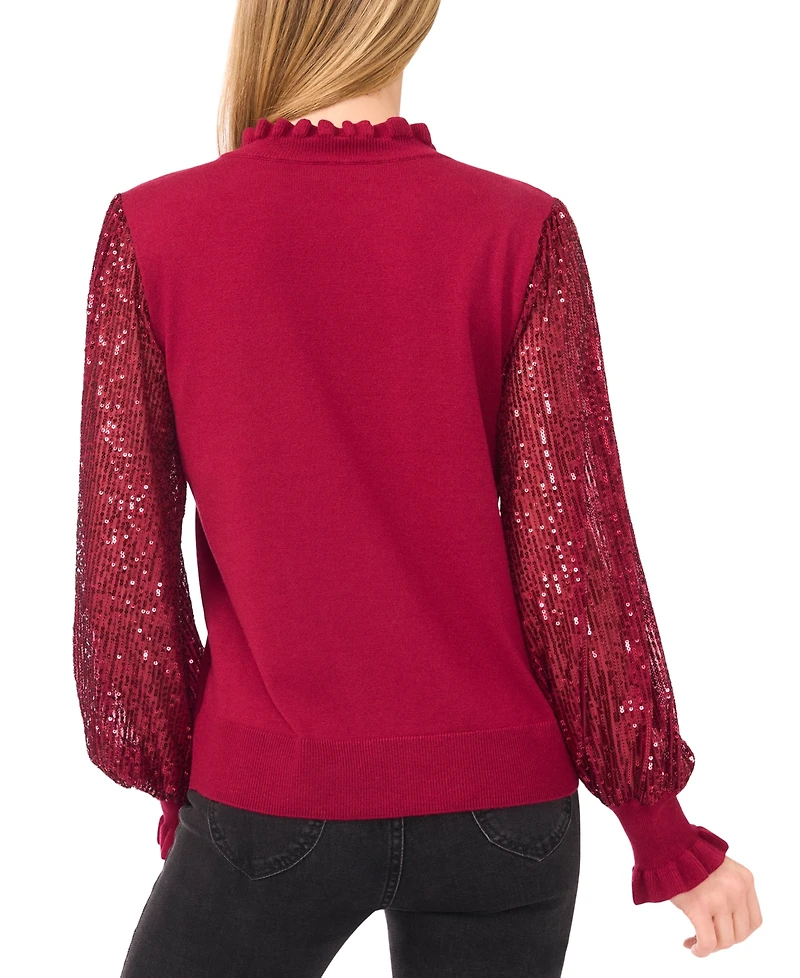 CeCe Women's Ruffle Trim Sequin Long Sleeves Sweater