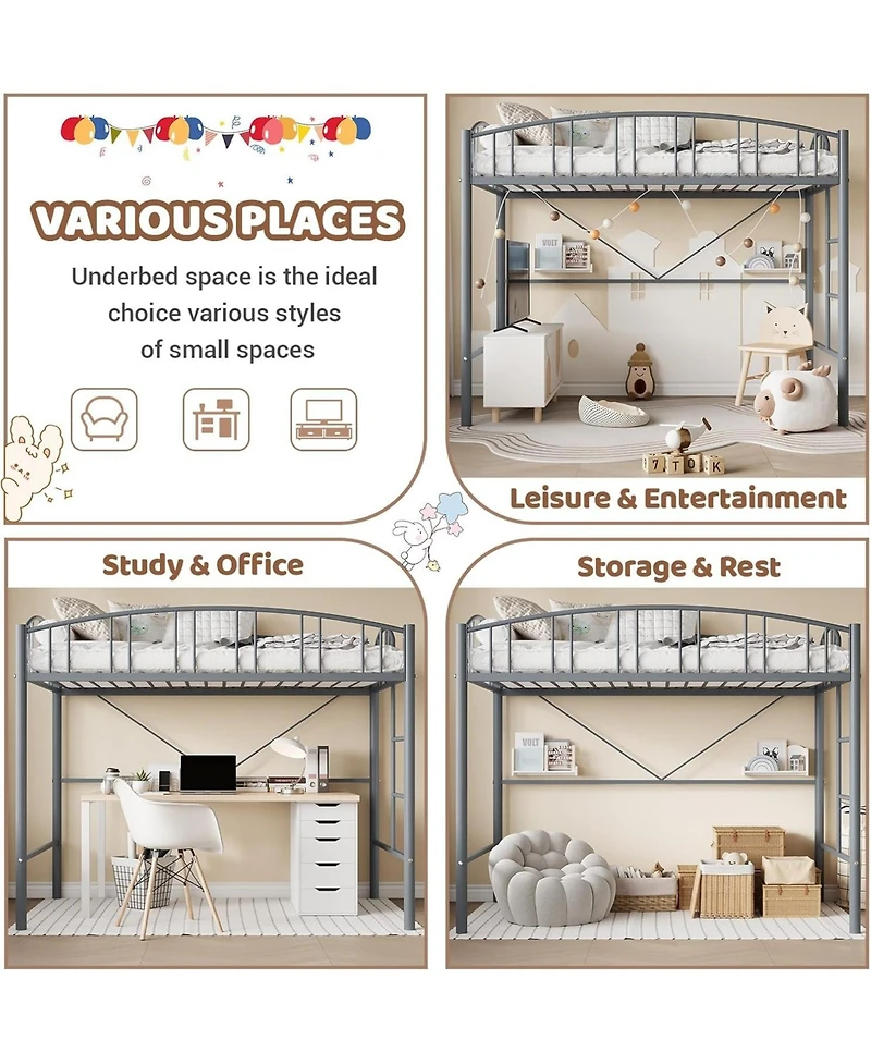 gaomon Loft Bed Twin Size, Heavy Duty Metal Loft Bed Frame with Arched Guardrail and Safety Ladder, Space-Saving, No Box Spring Needed, Matte Gray