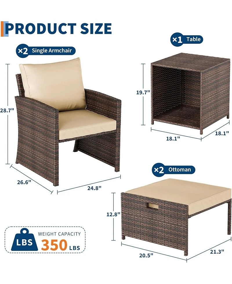 5-Piece High Back Patio Conversation Set with 2 Ottomans and Table, All-Weather Pe Rattan Lounge Chairs with Soft Cushions, Ideal for Balcony, Porch,