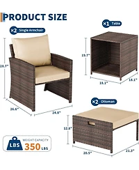 5-Piece High Back Patio Conversation Set with 2 Ottomans and Table, All-Weather Pe Rattan Lounge Chairs with Soft Cushions, Ideal for Balcony, Porch,