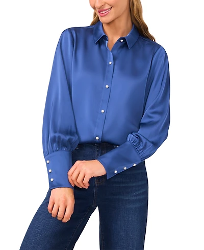 CeCe Women's Luxe Satin Imitation Pearl Button Down Blouse