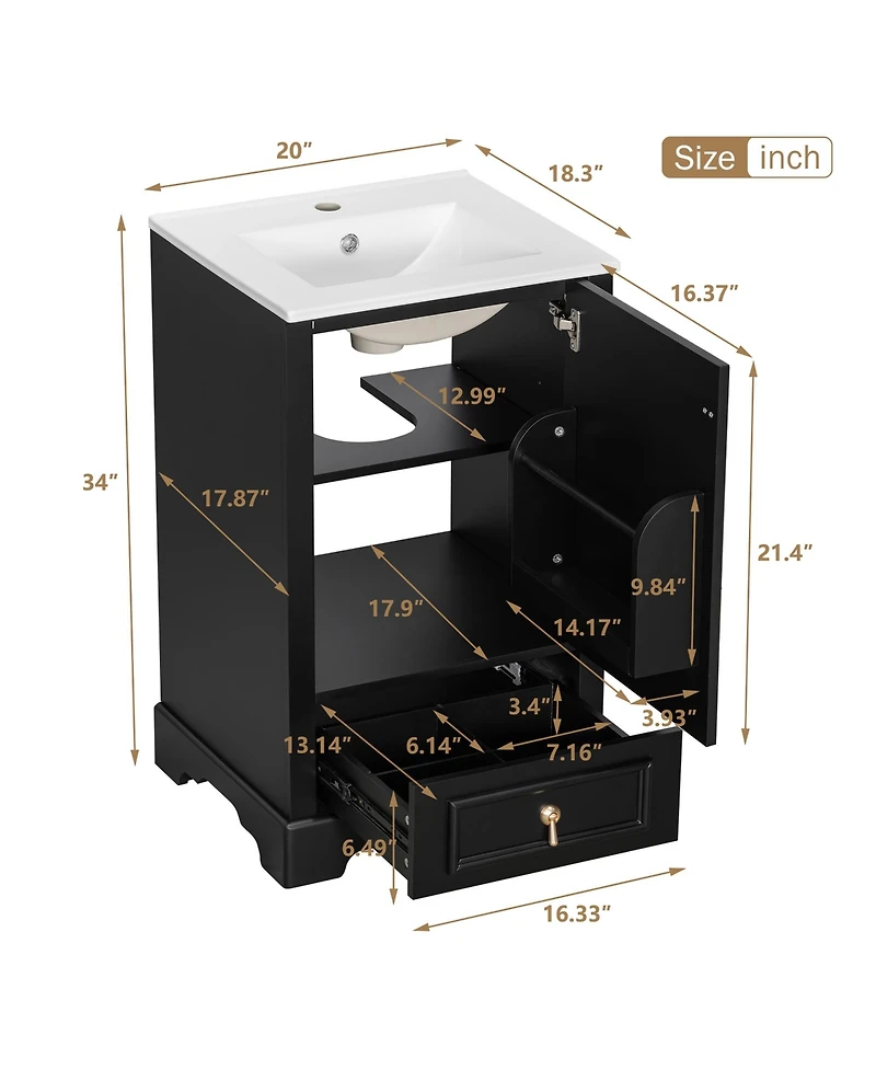 Casainc 20; Bathroom Vanity with Ceramic Sink, Soft-Close Door, U-Shaped Shelf, Drawer and Storage Rack