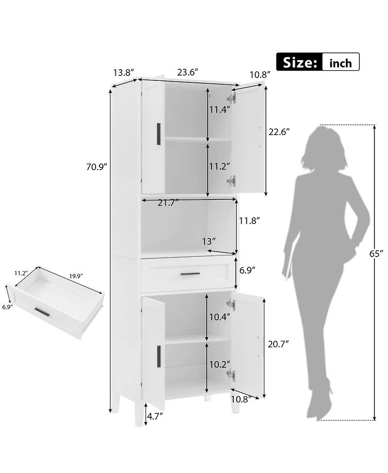 Casainc 70.9" Tall Freestanding Bathroom Cabinet with Drawer, Cabinets, 4 Soft-Close Doors, Adjustable Shelves and Open Storage