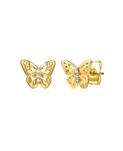 Enchanting 14k Yellow Gold Plated 3-Stone Filigree Butterfly Stud Earrings with Cubic Zirconia
