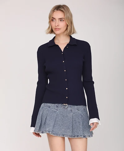 Avec Les Filles Women's Spread Collar Combo Cuff Cardigan