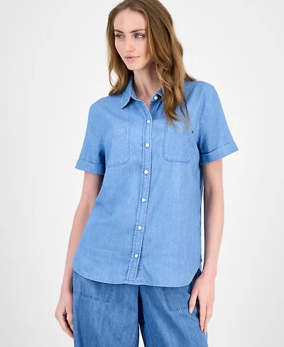 Tommy Hilfiger Women's Chambray Short-Sleeve Camp Shirt