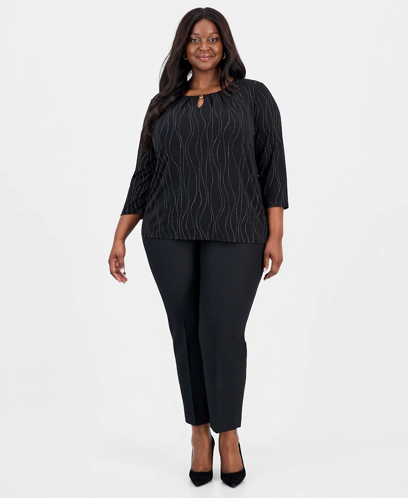Kasper Plus 3/4-Sleeve Pleated Keyhole Top