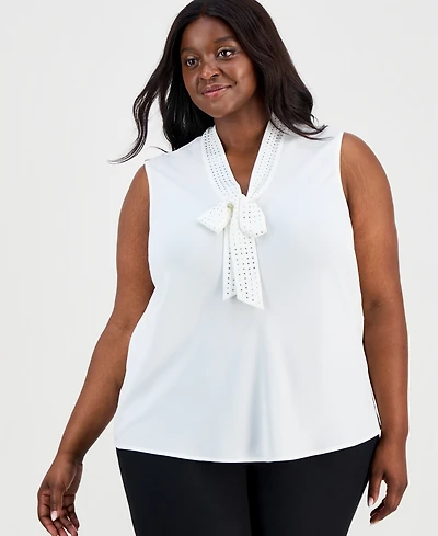 Kasper Plus Embellished Tie-Front Sleeveless Top