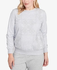 Alfred Dunner Women's Casual Vibe Embroidered Patchwork Long Sleeve Top