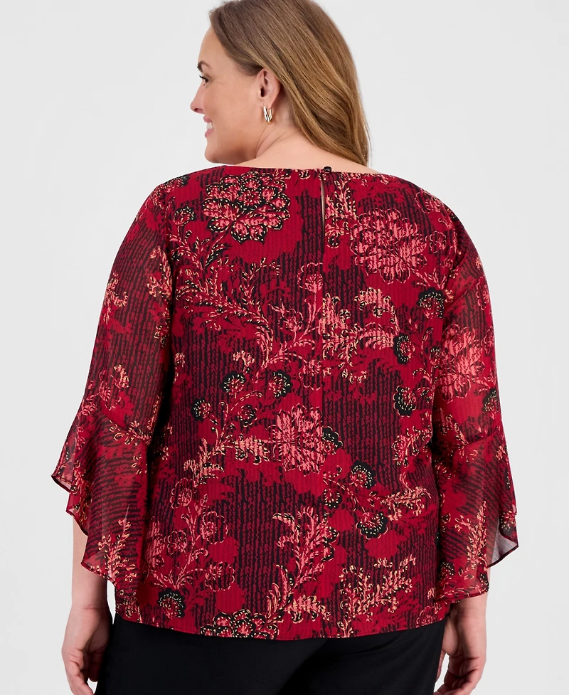 Kasper Women's Plus Floral Ruffle Sleeve Top