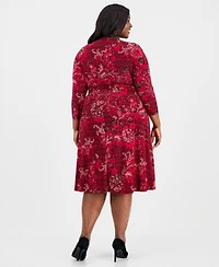 Kasper Plus Floral 3/4-Sleeve Fit & Flare Dress