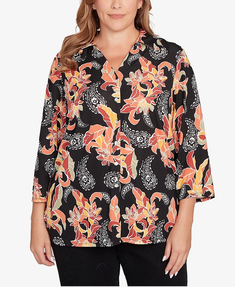 Ruby Rd. Plus Shirt Collar Floral Paisley Button Front Top