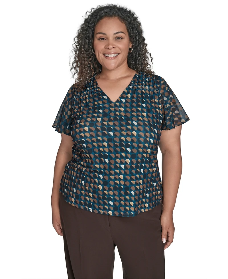 Calvin Klein Plus Printed V-Neck Flutter-Sleeve Blouse