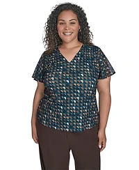 Calvin Klein Plus Printed V-Neck Flutter-Sleeve Blouse