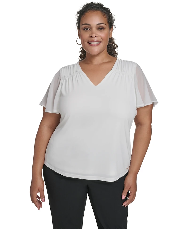 Calvin Klein Plus Mixed Media Flutter-Sleeve Blouse