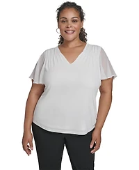 Calvin Klein Plus Mixed Media Flutter-Sleeve Blouse