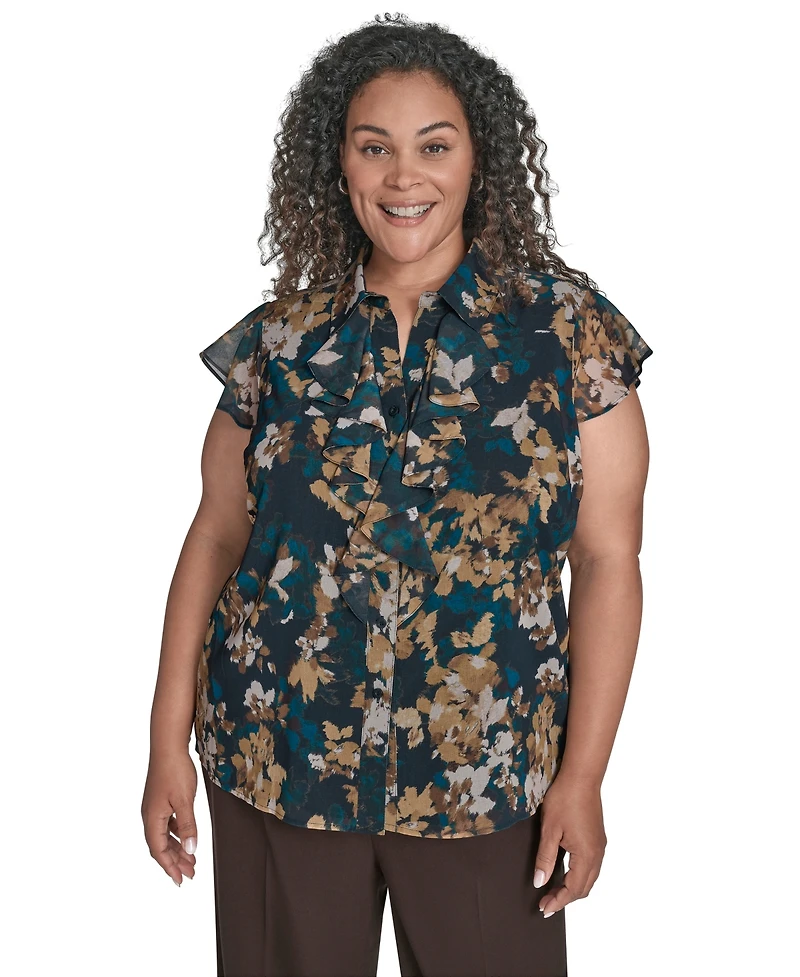 Calvin Klein Plus Printed Cap-Sleeve Ruffle-Front Blouse