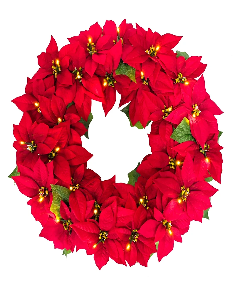 Puleo 24" Pre-Lit Artificial Red Poinsettia Wreath
